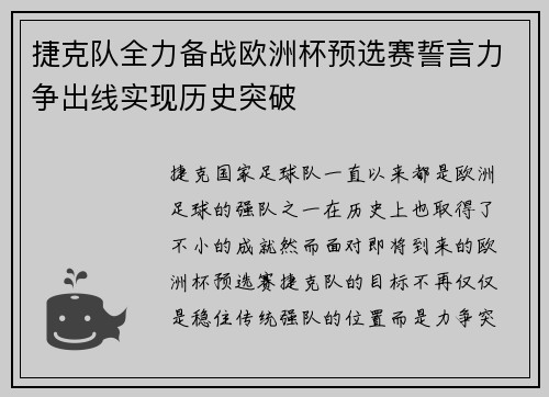 捷克队全力备战欧洲杯预选赛誓言力争出线实现历史突破