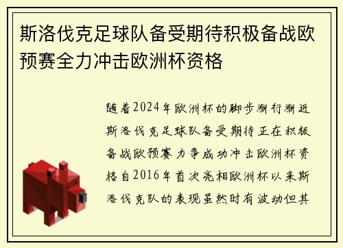 斯洛伐克足球队备受期待积极备战欧预赛全力冲击欧洲杯资格