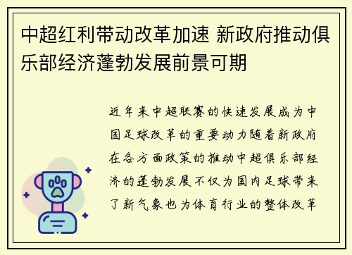 中超红利带动改革加速 新政府推动俱乐部经济蓬勃发展前景可期