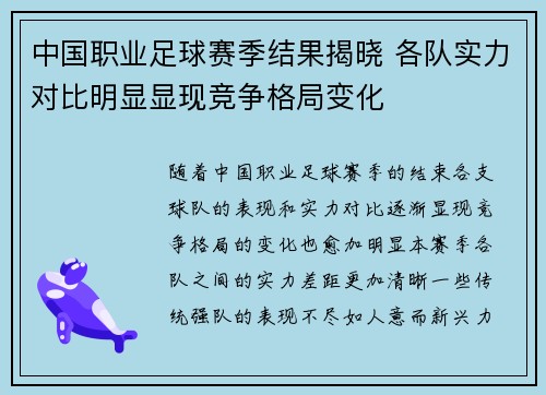 中国职业足球赛季结果揭晓 各队实力对比明显显现竞争格局变化