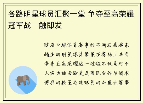 各路明星球员汇聚一堂 争夺至高荣耀冠军战一触即发